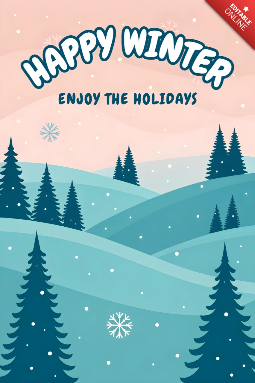 Winter Wonderland Greeting Card Template with Snowy Trees and Hills Design