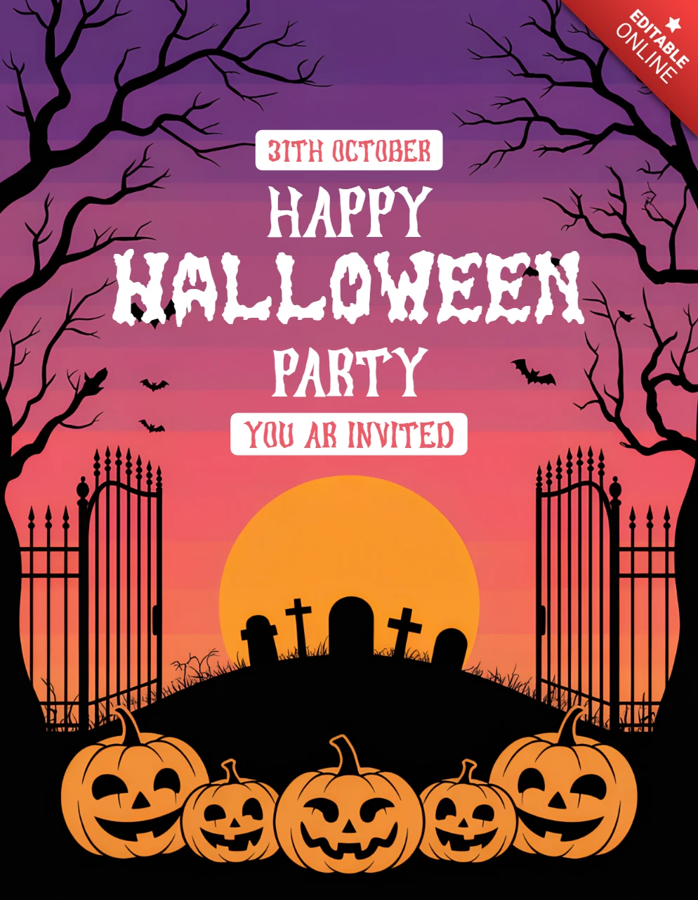 Convite de festa de Halloween assustadora com abóboras e design gótico.