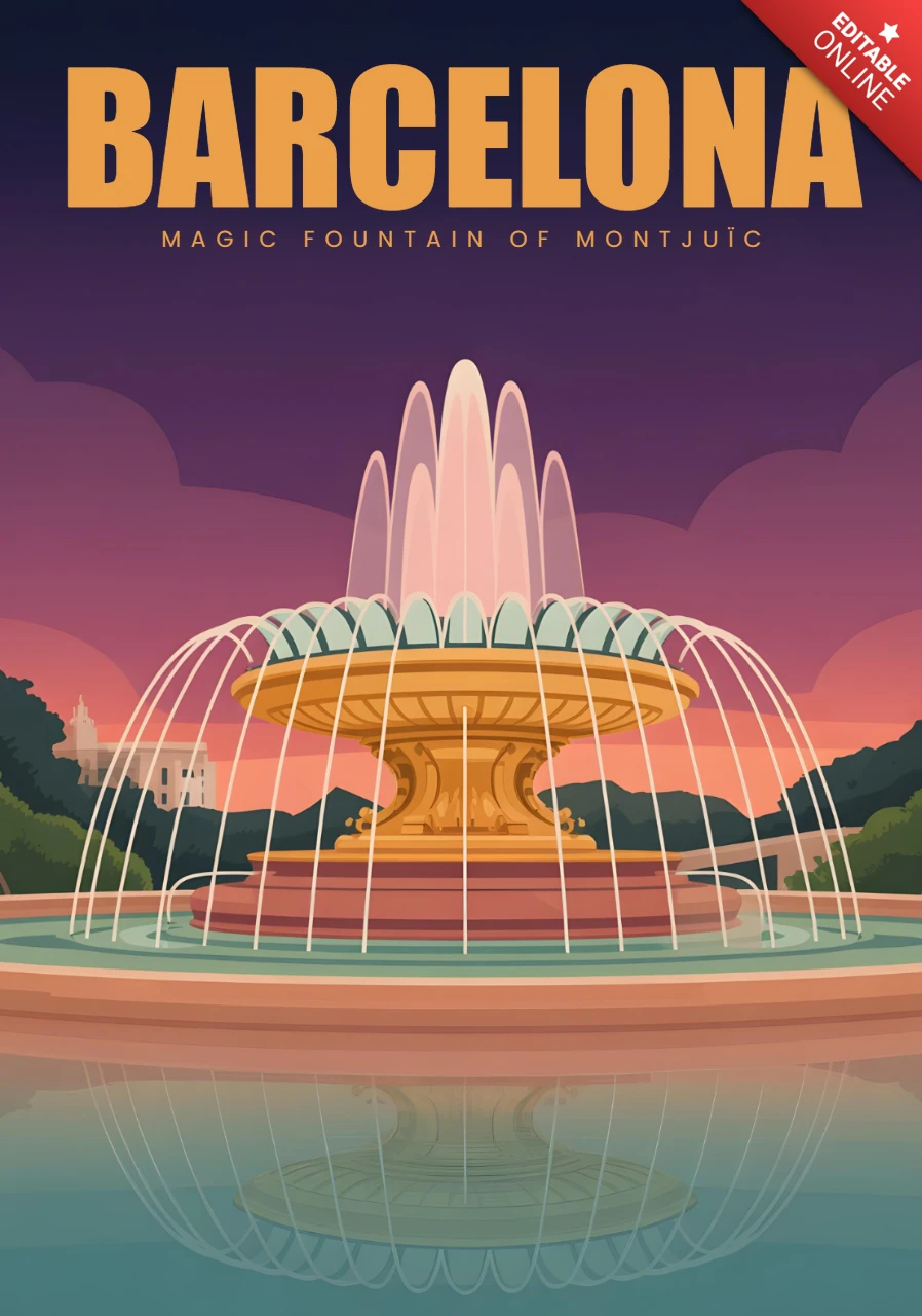 Fonds de voyage avec la fontaine magique de Barcelone, monument de Montjuïc, coucher de soleil et arcs d'eau.