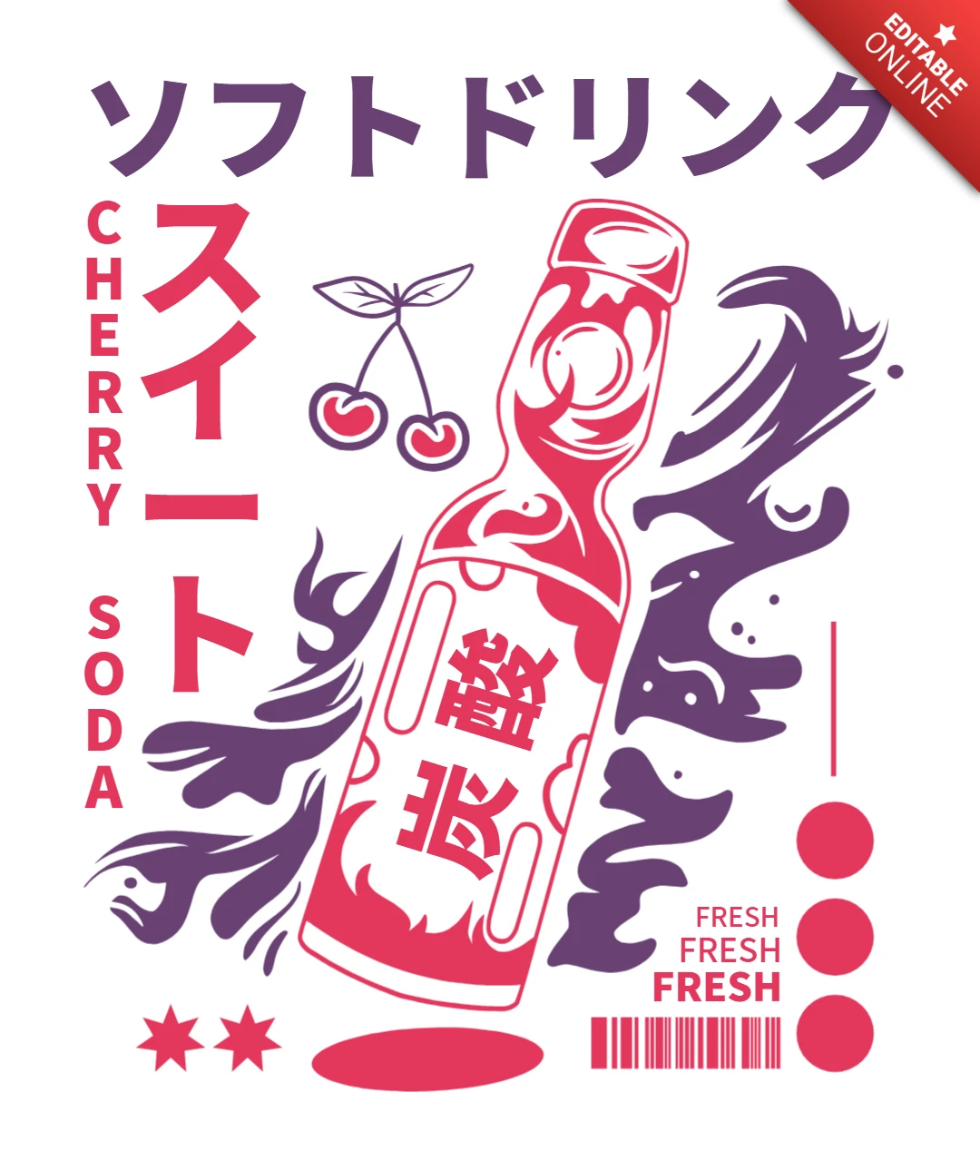 Soda cerise boisson gazeuse japonaise avec bouteille rétro, deux cerises et modèle de t-shirt sucré