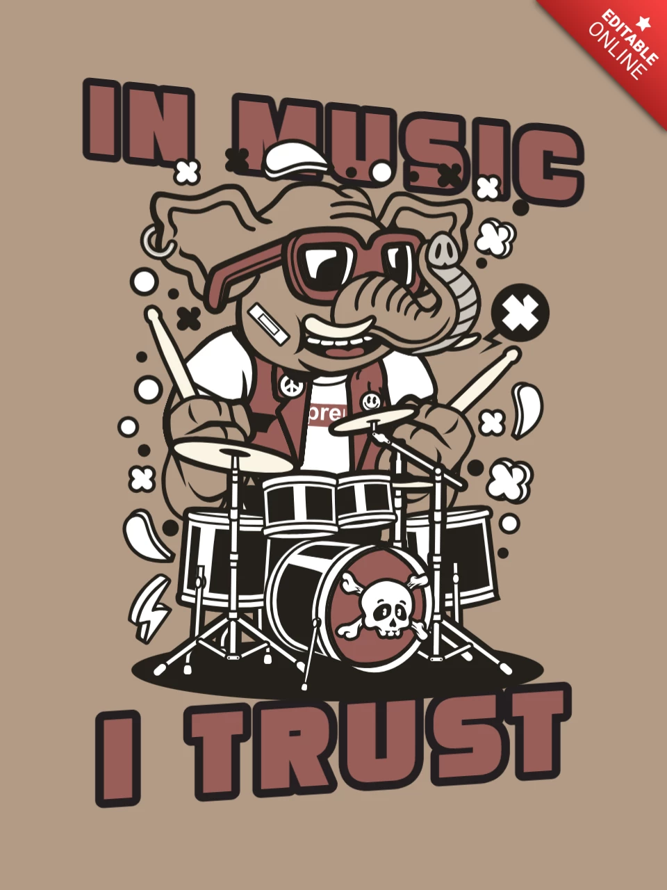 Fil karakterli tişört tasarım şablonuyla retro rock müzik
