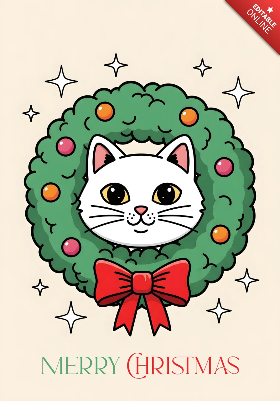 Christmas Card Design Cat in Green Wreath with Colorful Ornaments and Sparkles in Joyful Holiday Scene