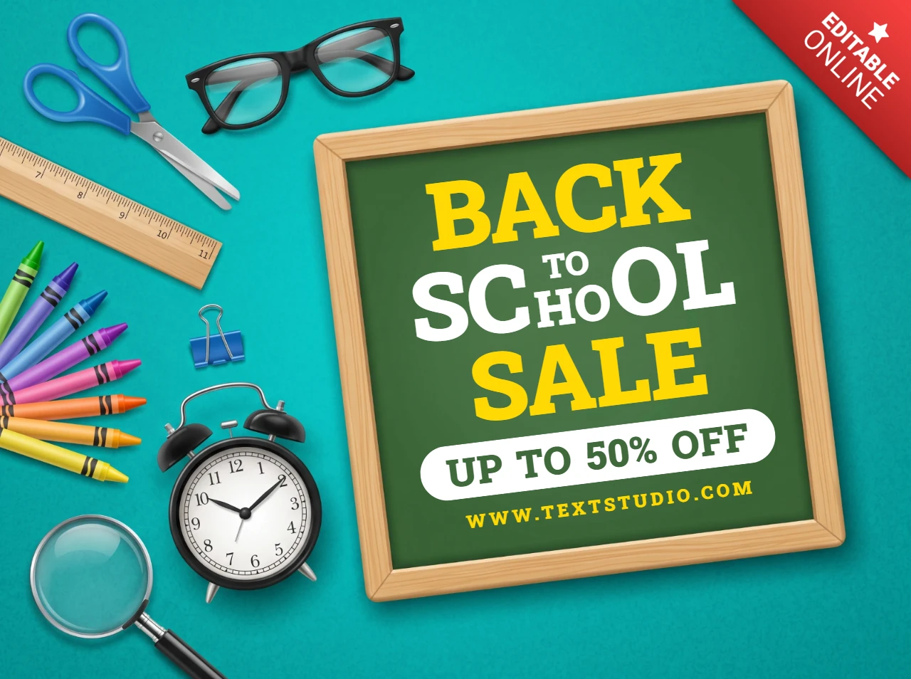 Back to school sale poster with blackboard and colorful school supplies on a blue background