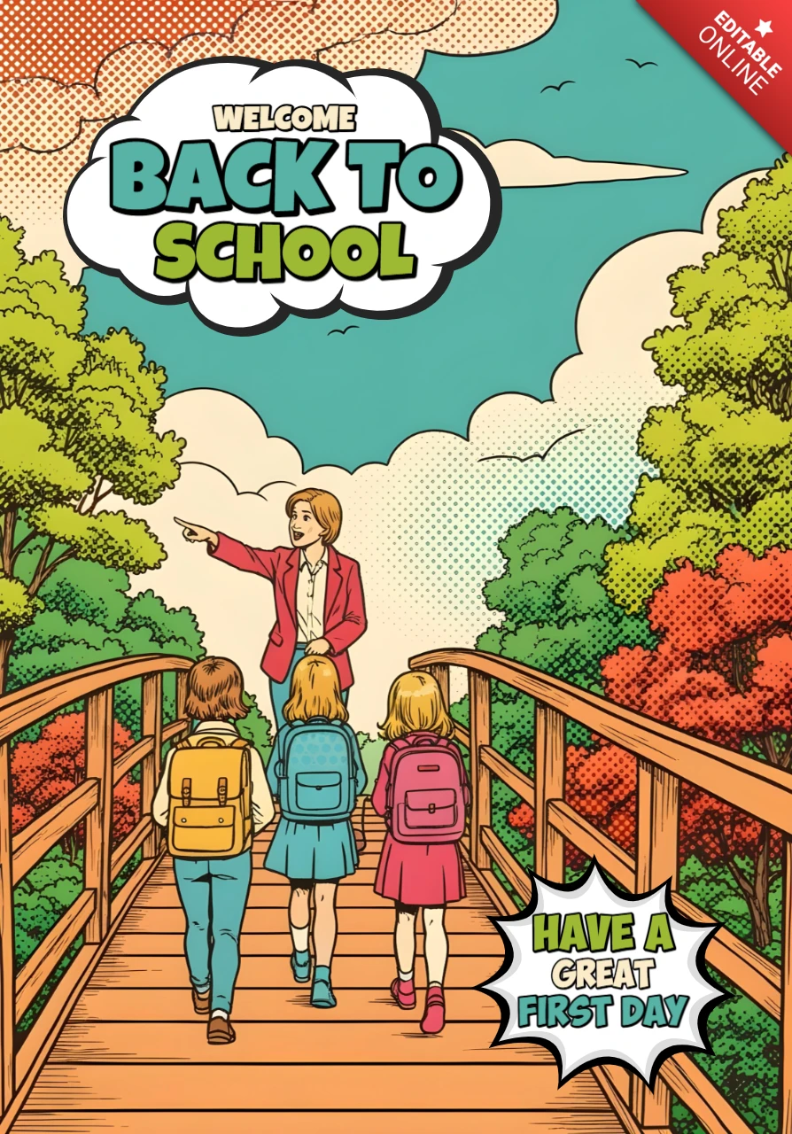 Back to School Teacher Leading Students Across Autumn Bridge Toward School Poster Design Template