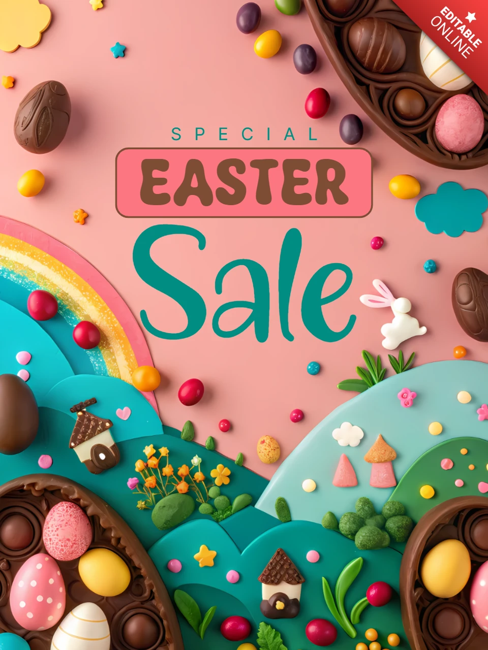 Colorful Easter Sale Design Template with Playful Candy and Spring Elements