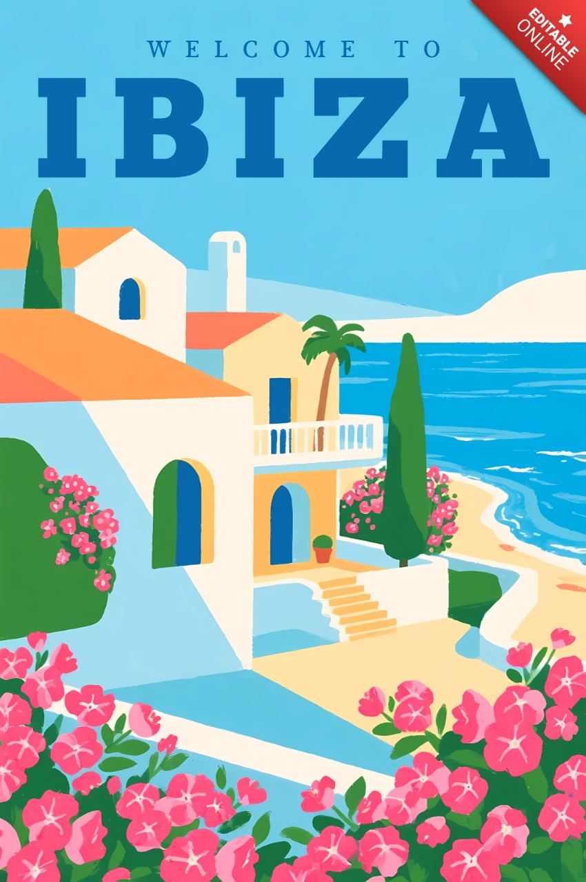 Colorful Ibiza Bougainvillea Design Template for Travel Posters
