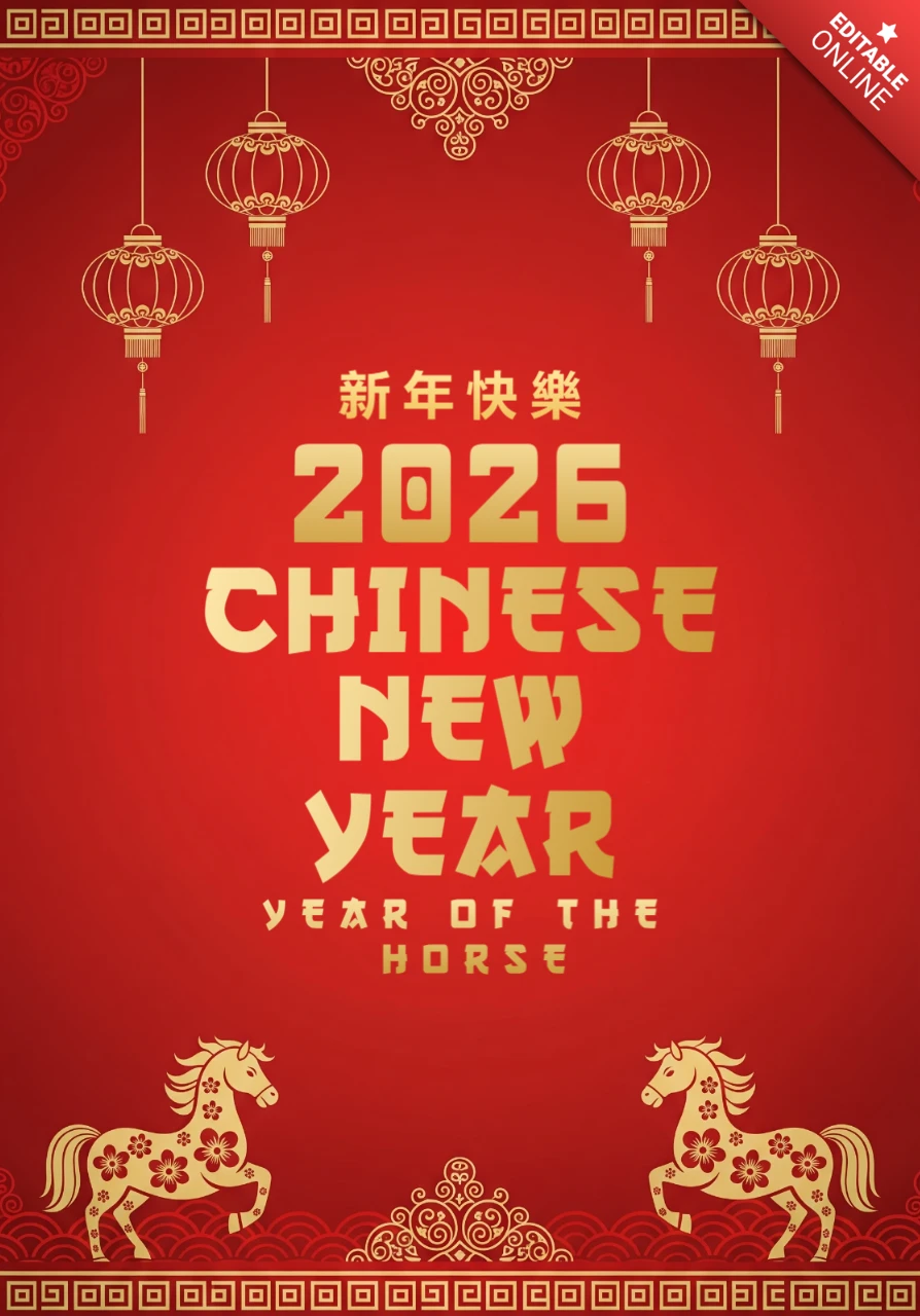 Design rouge et or avec des chevaux du zodiaque et des motifs chinois traditionnels, affiche du Nouvel An chinois 2026, année du cheval.