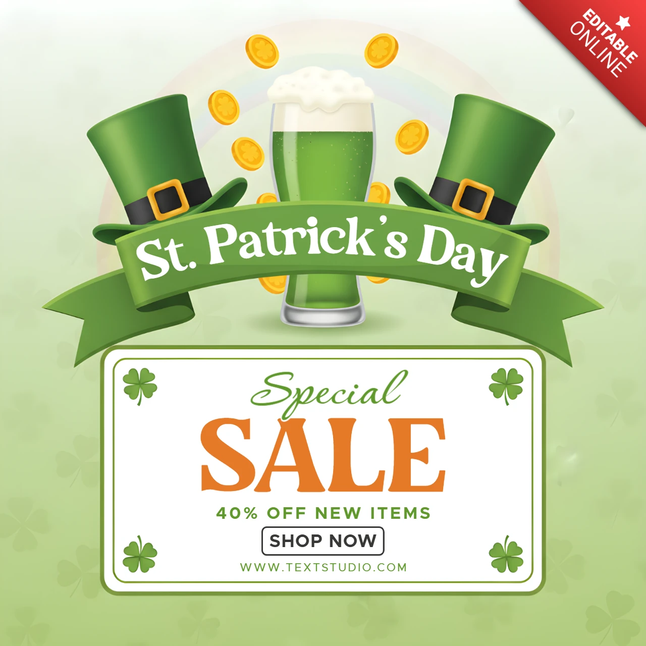 Modèle d'affiche de vente pour la Saint-Patrick avec des chapeaux de leprechaun, de la bière verte et des trèfles.
