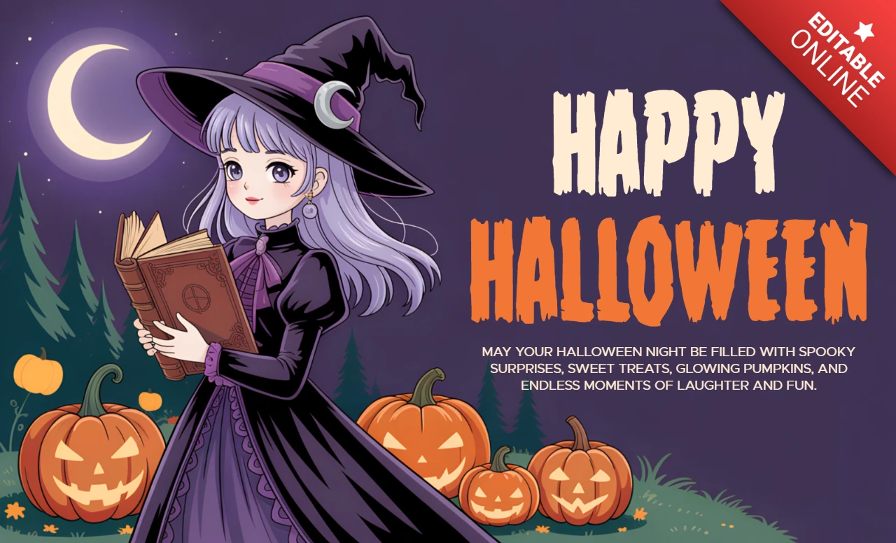 ハロウィンの魔女のマンガデザインテンプレート、祝祭のグリーティングカード用