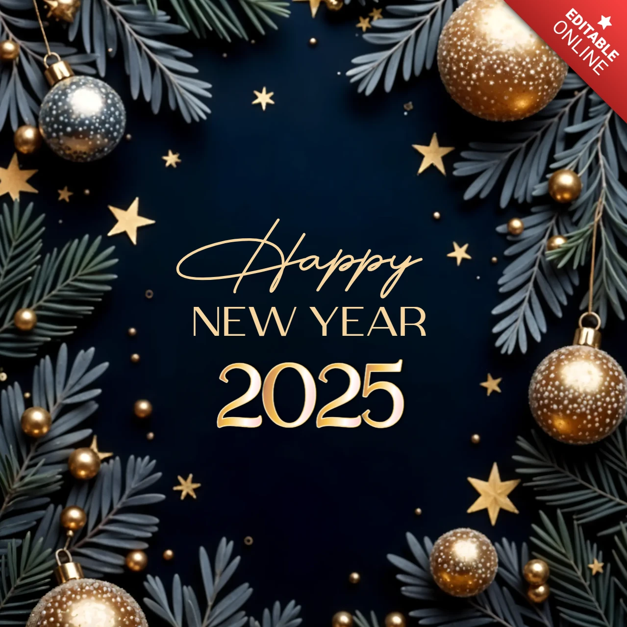 Mutlu yıllar 2025 altın süsler tasarım şablonu