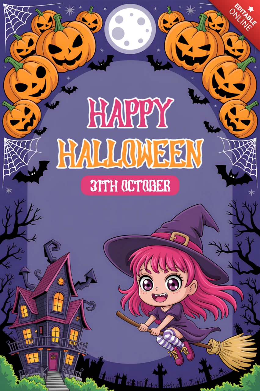 子供のパーティー招待状のための whimsical ハロウィンデザインテンプレート、かわいい魔女とカボチャが特徴です。