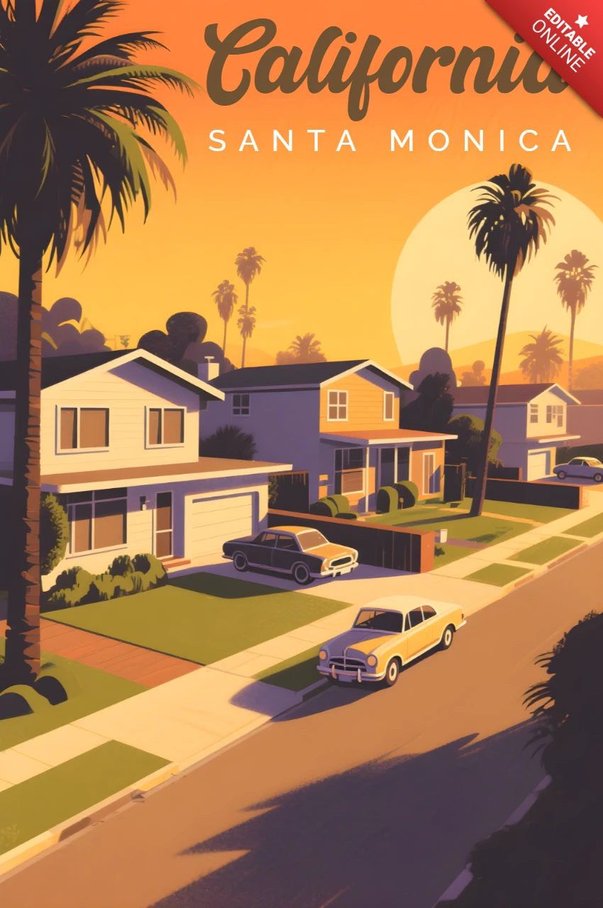 California Sunset Design Template for Retro Flat Poster Prints