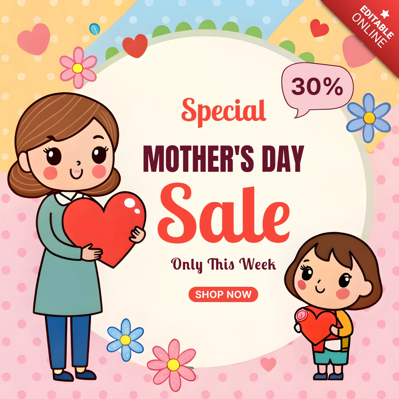 Charming Mother's Day Sale Template - Editable Cute Cartoon Design
