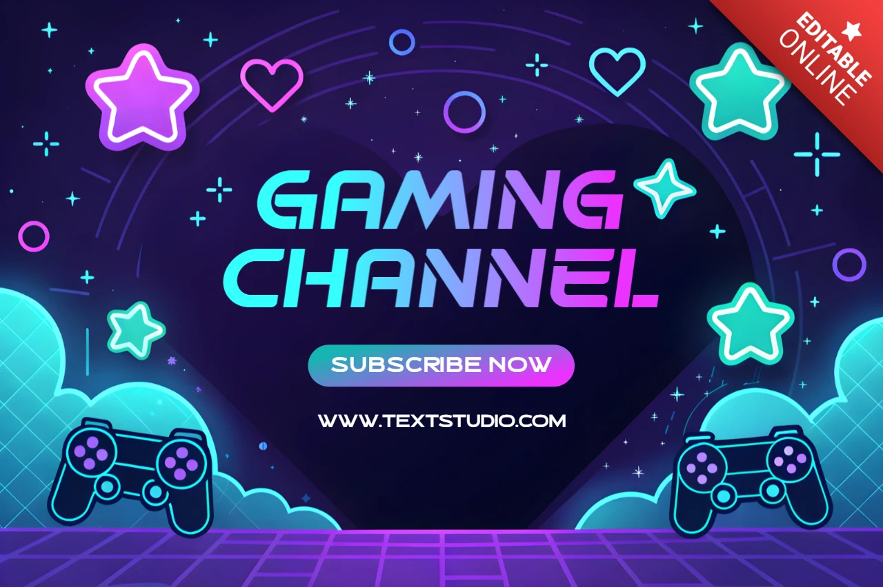 Шаблон баннера игрового канала Twitch с каваи неоновыми контроллерами и звездами