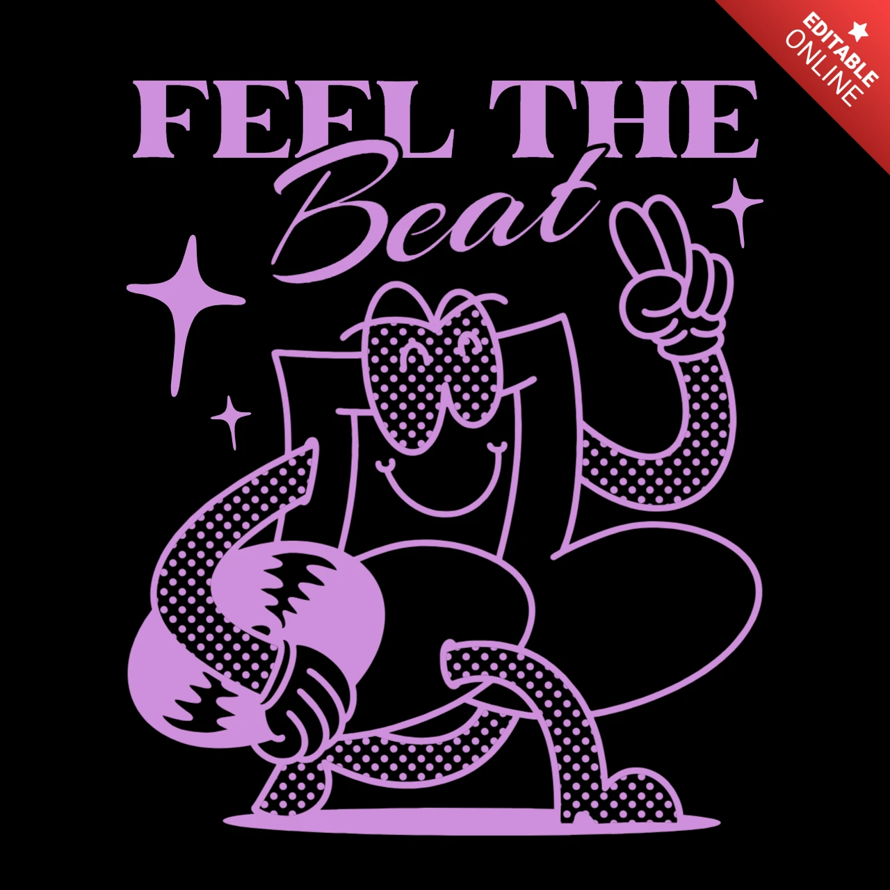 Feel the Beat Groovy Cartoon Character T-Shirt Design Template