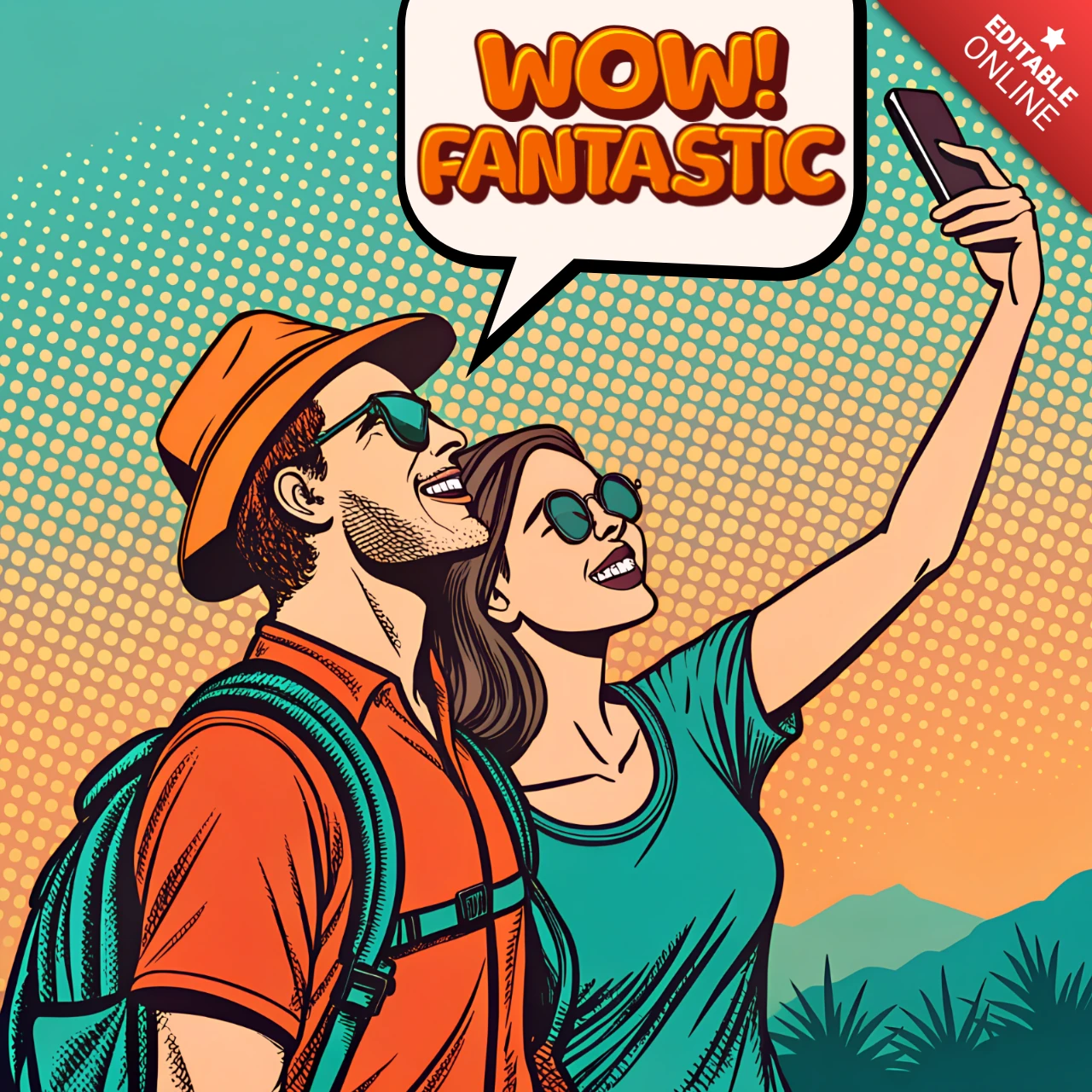 Template di design per selfie di coppia in pop art per post pubblicitari