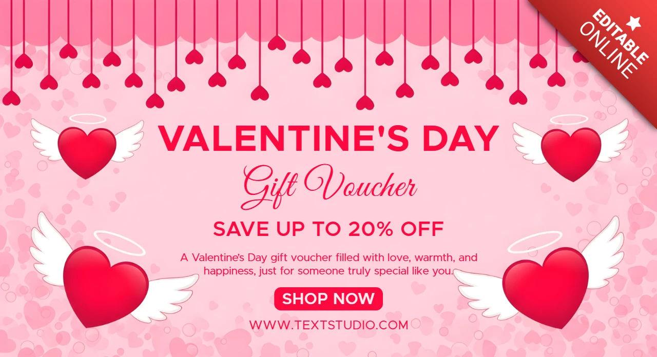Valentine's Day Gift Voucher Design Template with Hearts and Wings for Romantic Promotions