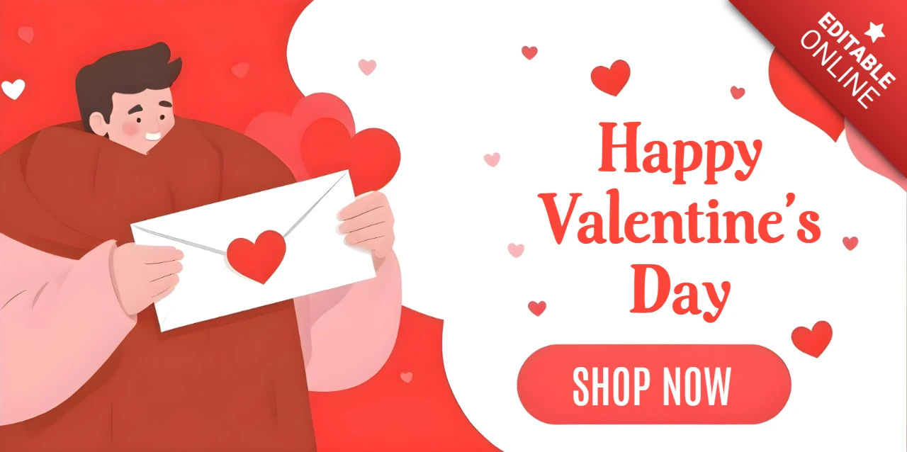 Valentine's Day Sale Banner Template with Heart Graphics and Call to Action Button