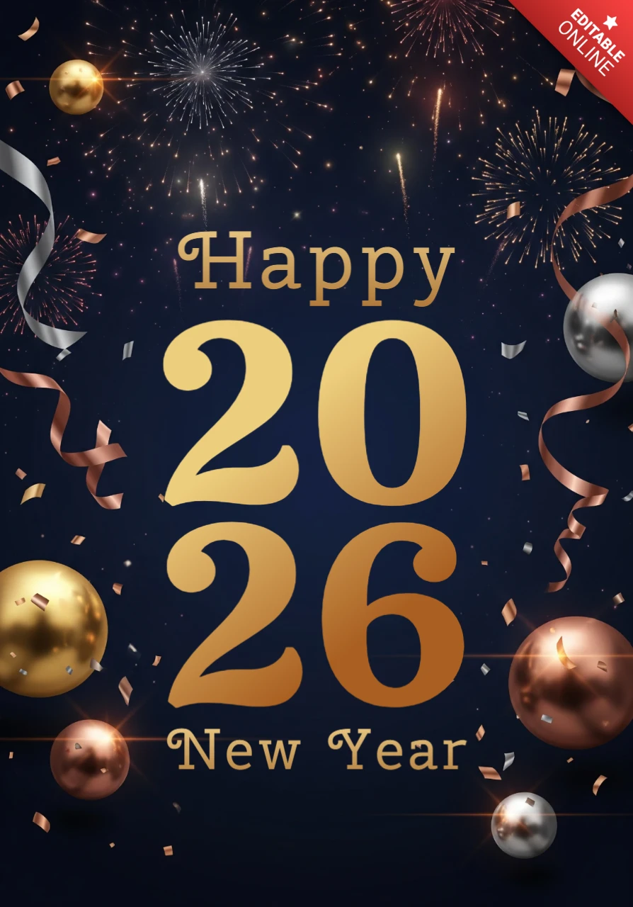 Happy 2026 New Year Greeting Card Dark Blue Background with Gold, Silver & Bronze Balloons and Fireworks