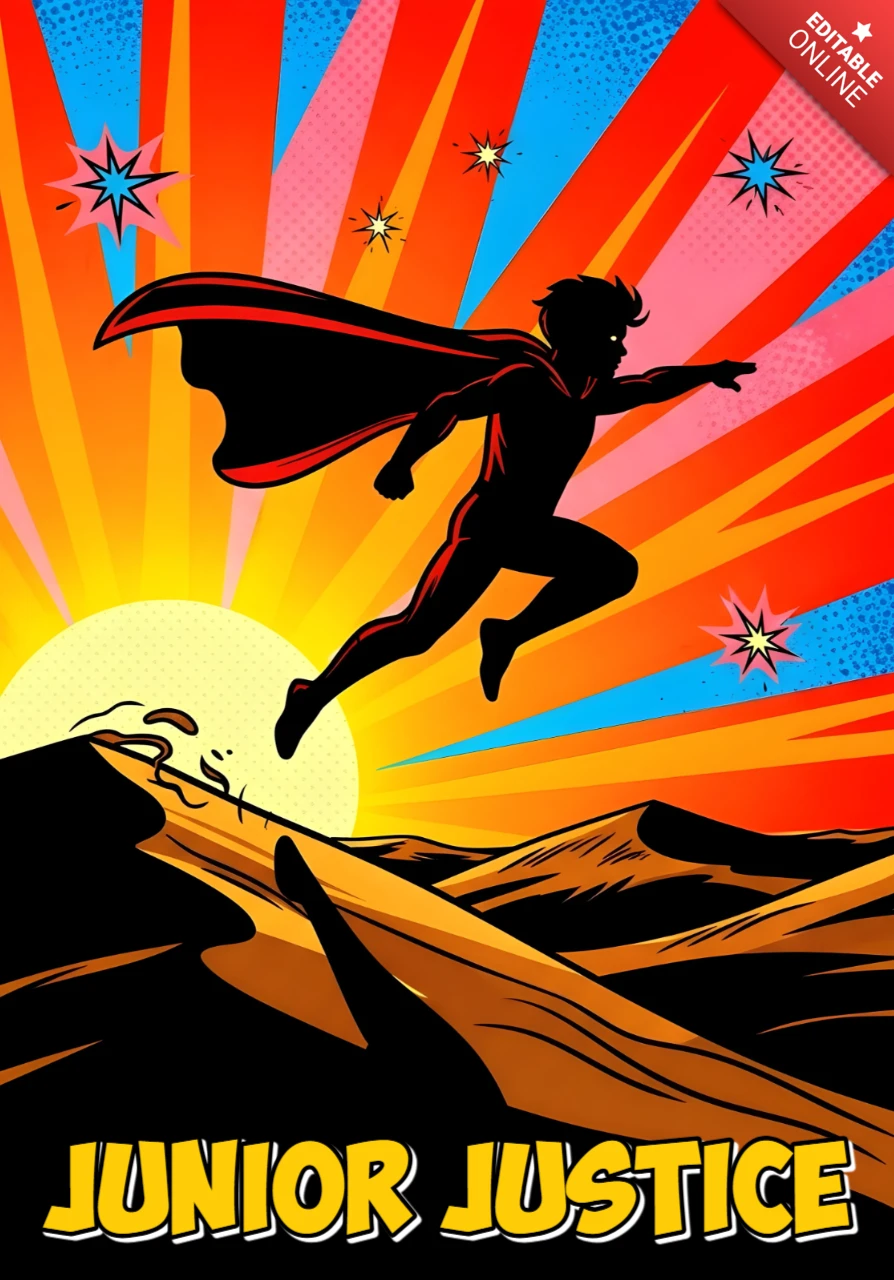 Junior-Justiz-Comichelden-Silhouette mit strahlendem Hintergrund Poster-Design-Vorlage