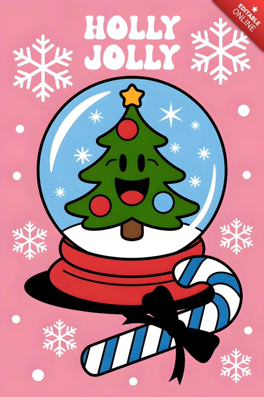 Cartão de Natal alegre e feliz com árvore de cartoon em uma bola de neve cercada por flocos de neve e acentos de bengala doce.