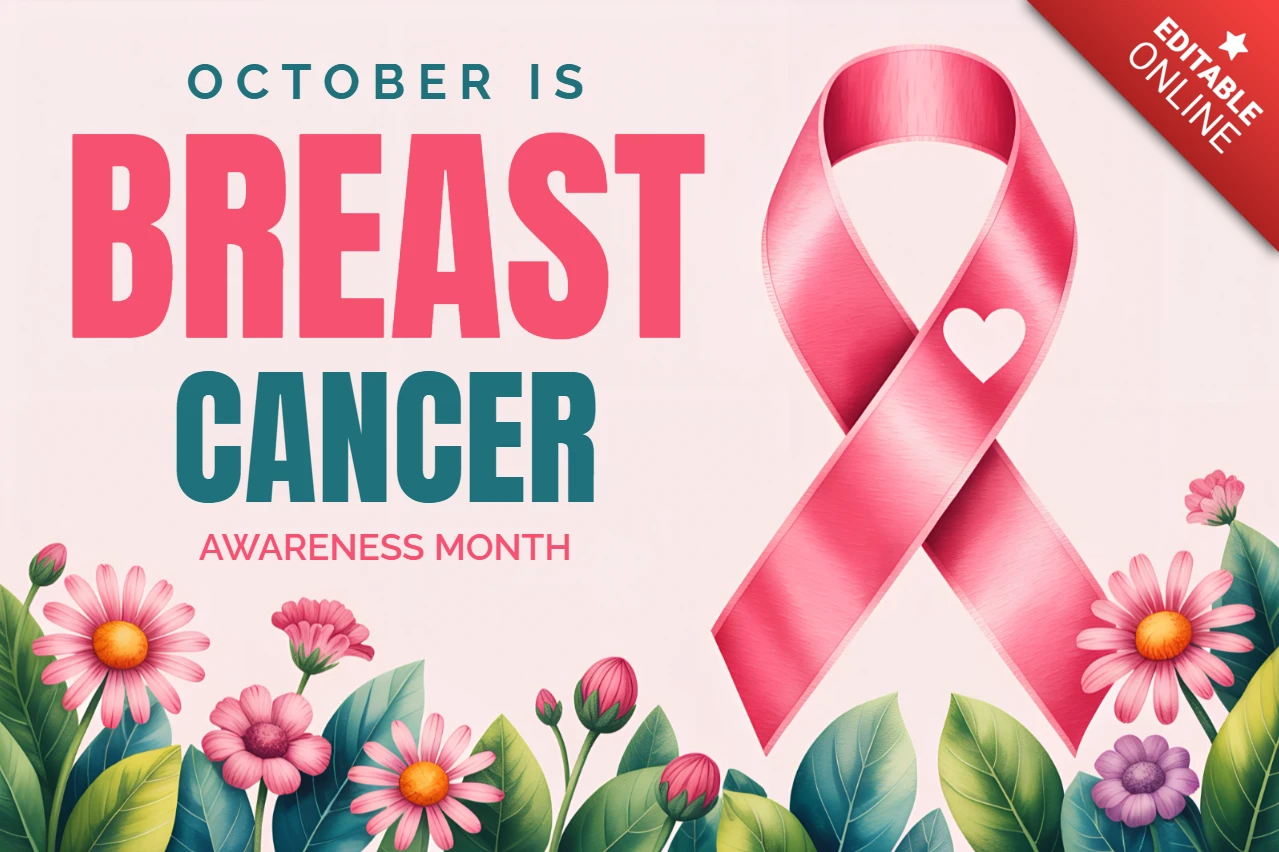 Breast Cancer Awareness Month Design Template with Pink Ribbon and Floral Elements for Posters