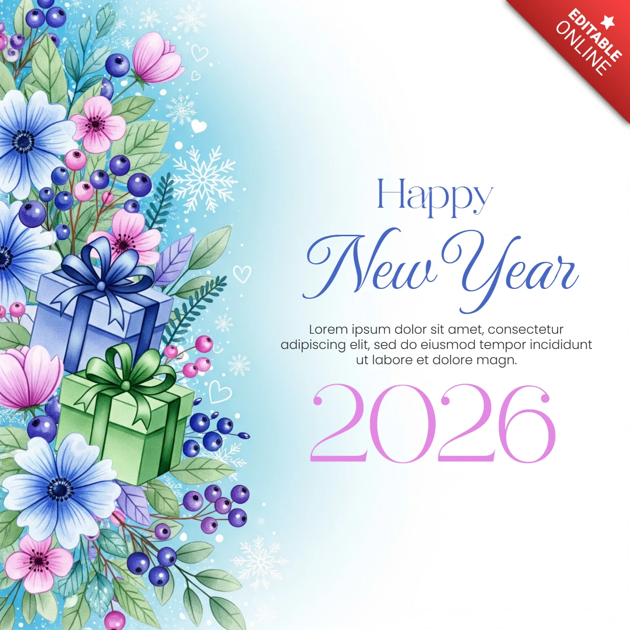 Happy New Year Wishes Template 2026 Watercolor Design with Gift Box Details and Winter Floral Glow