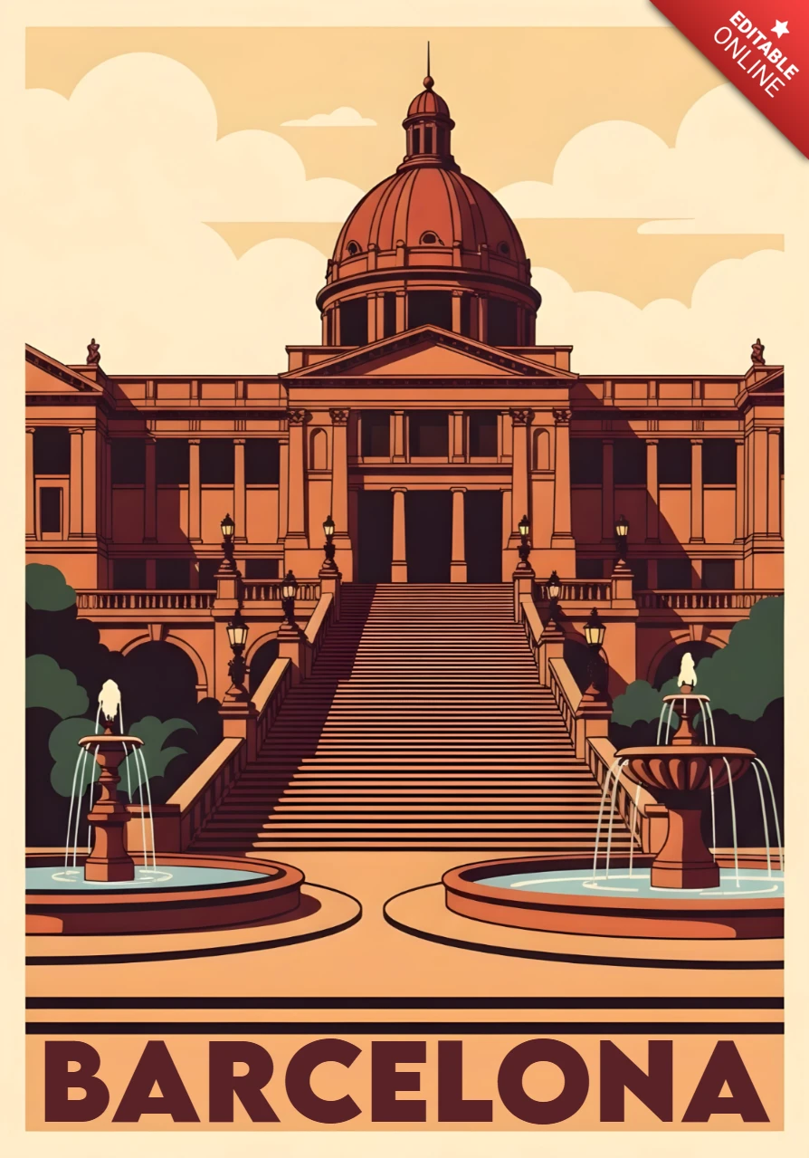 Ilustração da grande cúpula e escadaria de fontes gêmeas, modelo de design de pôsteres de viagem de Barcelona.