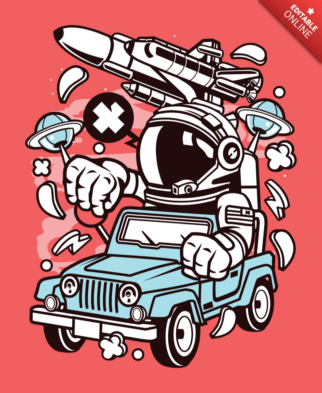 Astronaut Jeep Driver Cartoon Character Poster Design Template
