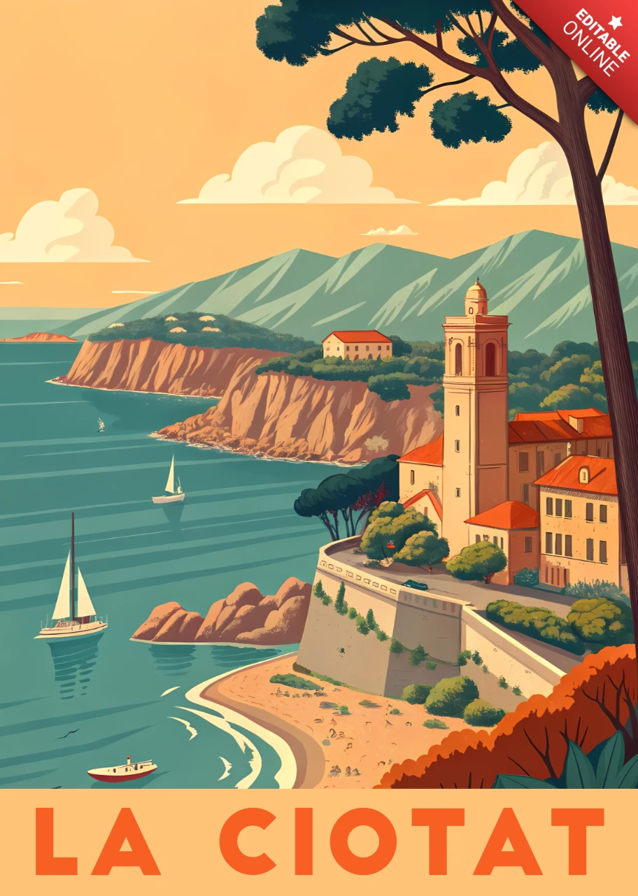 Vintage Retro Flat La Ciotat Design for Printable Posters and Postcards Template