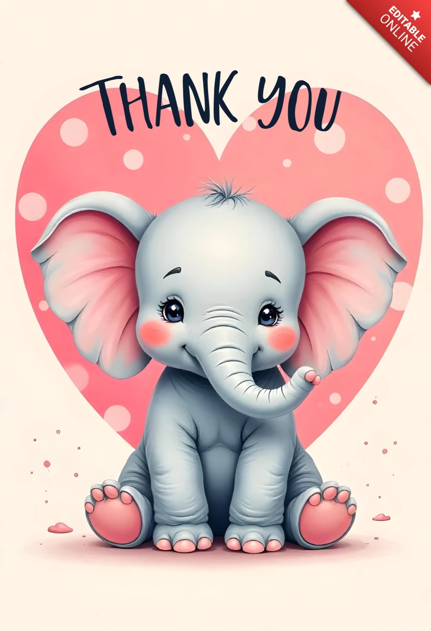 Adorable bebé elefante plantilla de tarjeta de agradecimiento