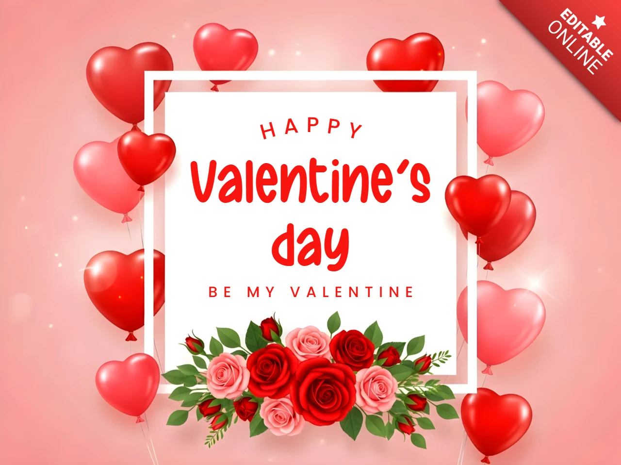 Plantilla de tarjeta de saludo para el Día de San Valentín con globos en forma de corazón y diseño floral.