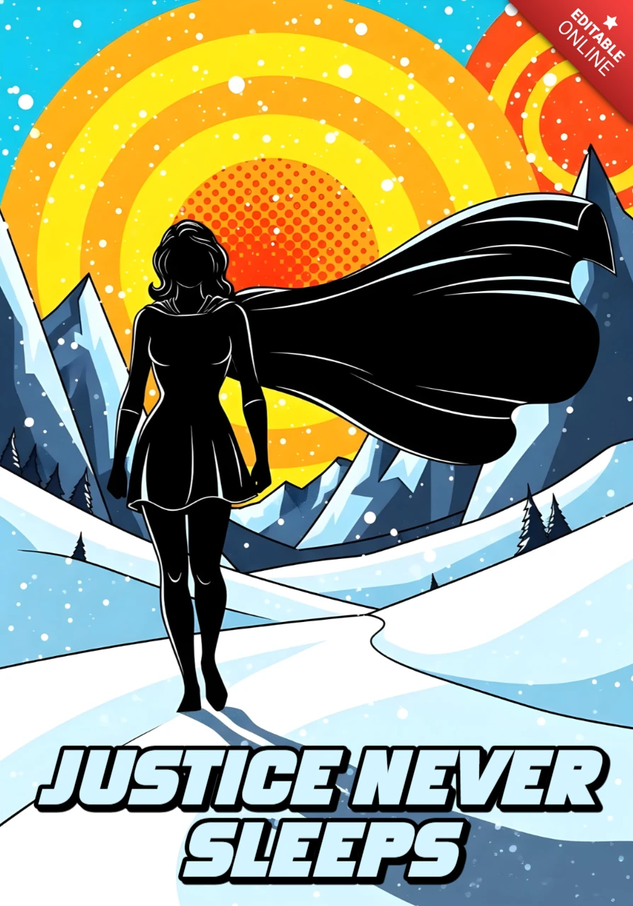 Justice ne dort jamais silhouette de super-héros dans une scène de montagne enneigée modèle de design d'affiche