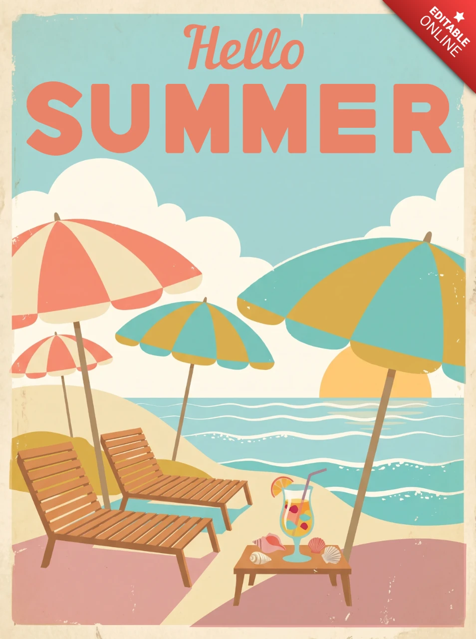 Colorful Summer Vacation Poster Featuring Wooden Lounge Chairs, Tropical Drink, Ocean Waves, Sunset Horizon and Playful Tropical Holiday Mood
