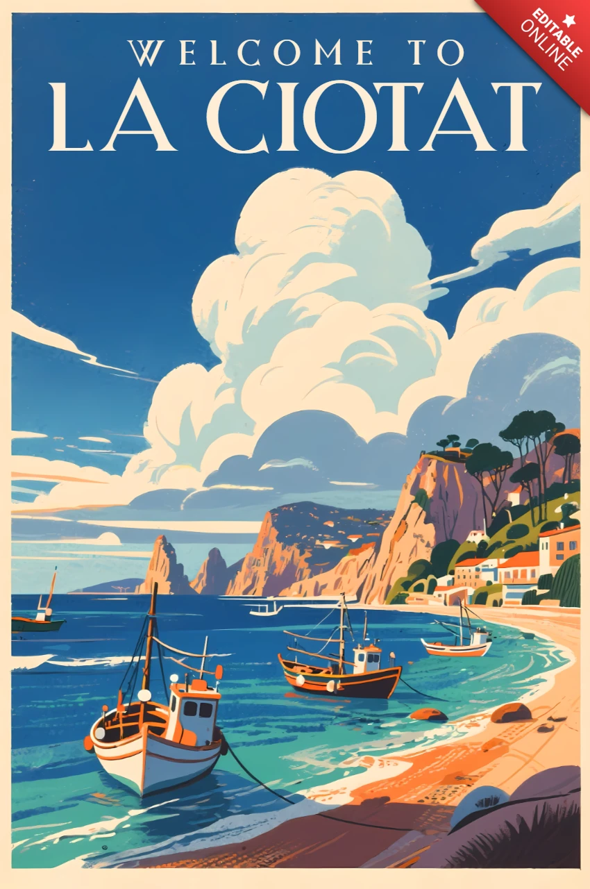 Retro-Flachküsten-Designvorlage für La Ciotat Souvenir-Poster