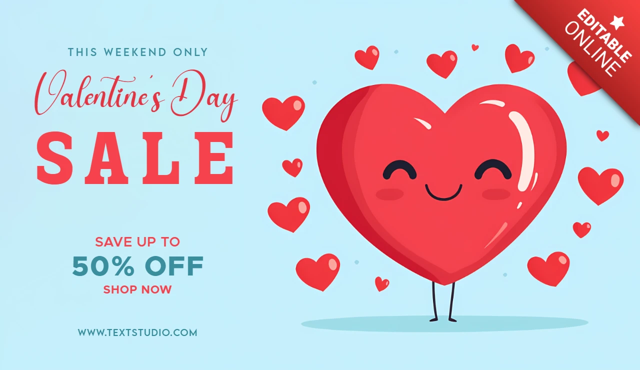 Valentine's Day Sale Cartoon Banner Template - Save Up to 50% Off!