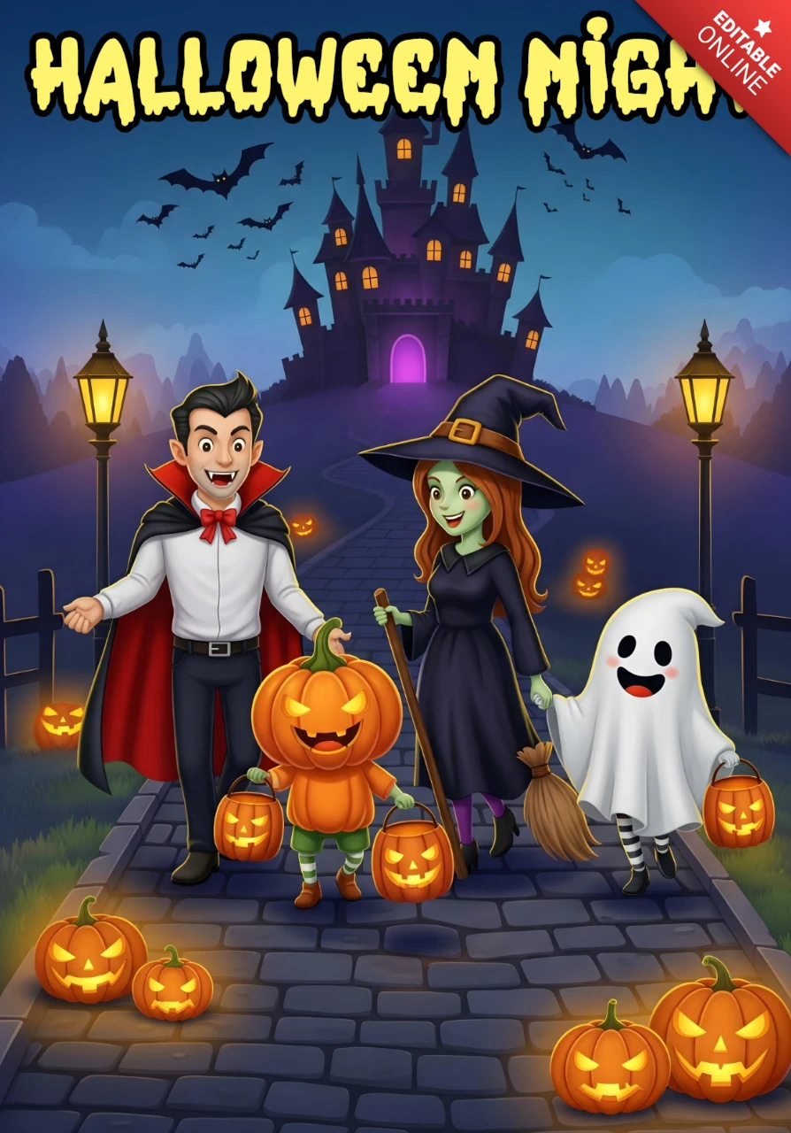 Straszne zaproszenie na Halloween, kreskówkowe postacie zbierające cukierki w gotyckim lesie z świecącymi latarniami i nietoperzami, szablon projektu na festiwalowe ulotki.