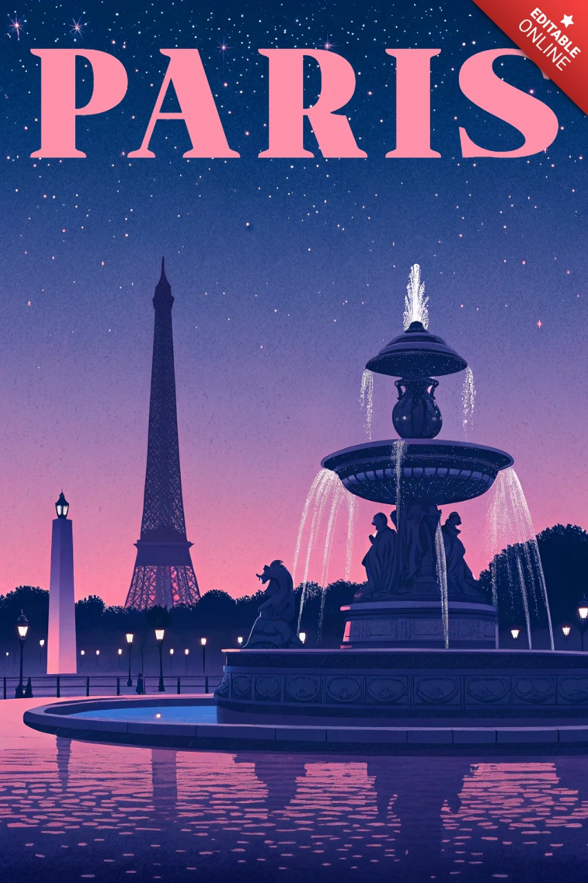 Paris Nightscape Foutain Obelisk and Eiffel Tower Design for Retro Flat Posters and Prints