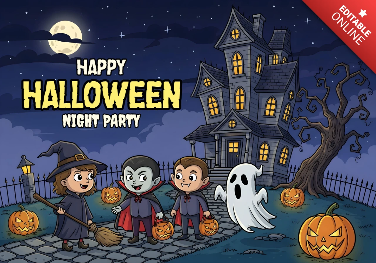 Escena de casa embrujada con niños disfrazados, calabazas iluminadas y cielo estrellado, plantilla de diseño espeluznante de Halloween para volantes festivos.
