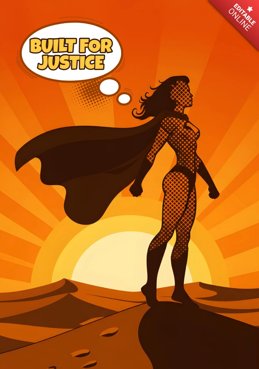 Silhouette de super-héros construit pour la justice sur une colline avec des rayons de coucher de soleil, modèle de design d'affiche.