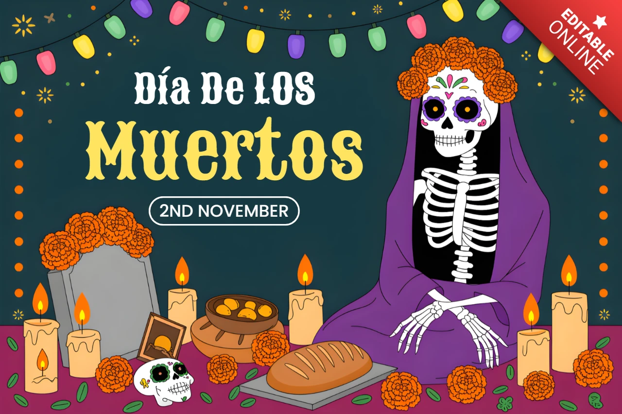 Dia de los Muertos Design Template for Festive Posters with Skeleton and Marigolds