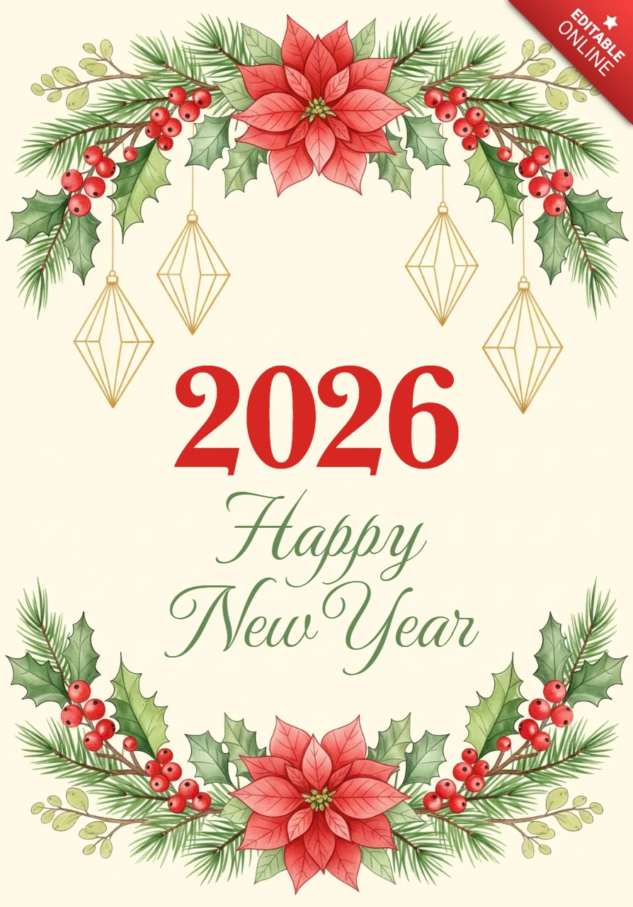 New Year Wishes Template 2026 Watercolor Design with Red-Gold Floral Corners and Winter Glow