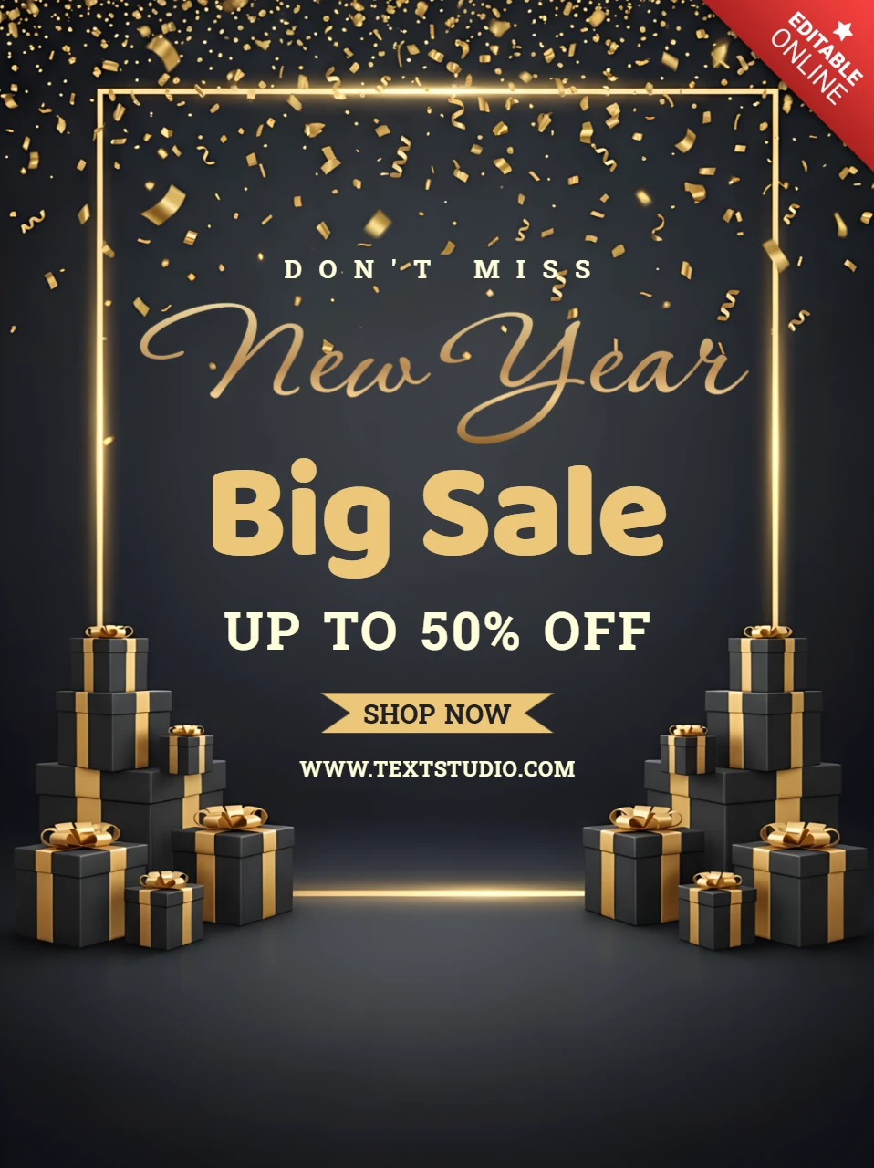 Modèle de design de vente du Nouvel An avec des boîtes-cadeaux et des confettis pour un flyer promotionnel