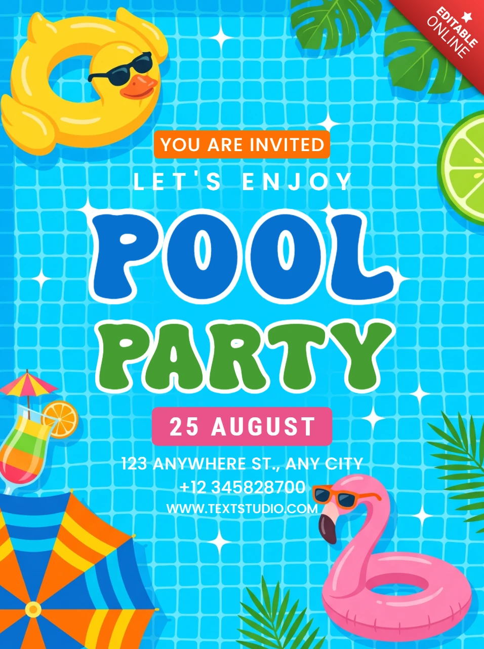 Colorful summer pool party invitation flyer with cute rubber duck and pink flamingo floaties in a bright blue background with tropical leaves