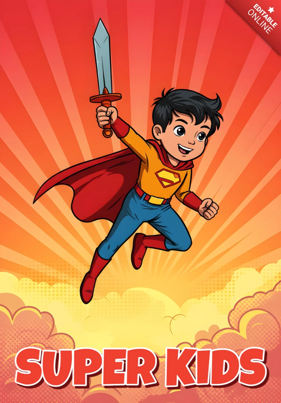 Superhéroe de dibujos animados volador con espada y plantilla de diseño de póster de fondo radiante.
