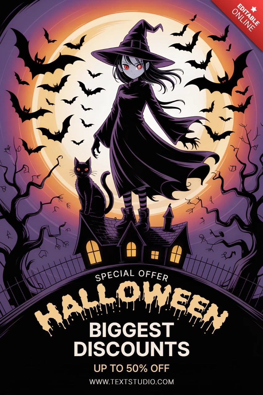 Gruseliges Halloween-Designvorlage für Werbeflyer mit Hexe und Fledermäusen