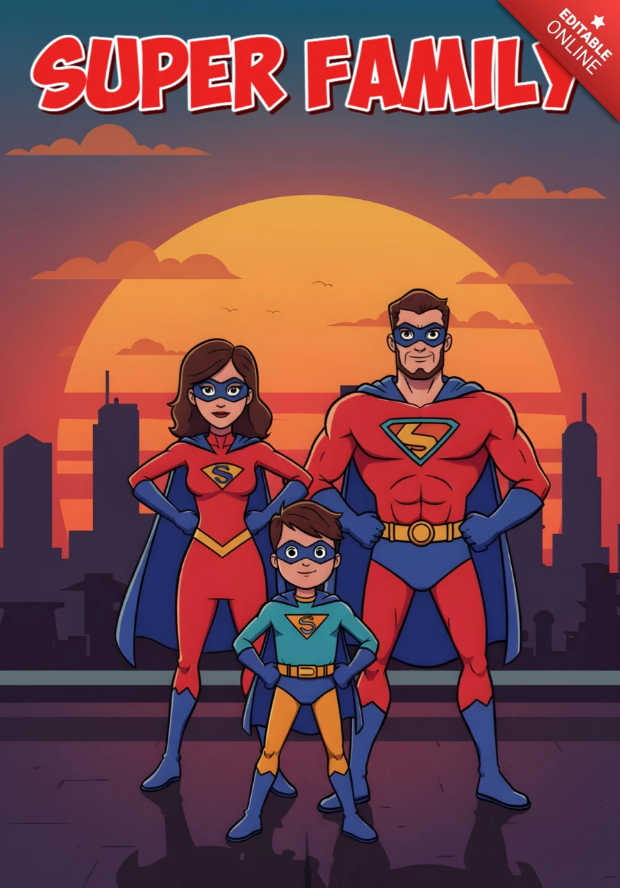 Super Family Heroic Trio with Sunset City Skyline Poster Design Template