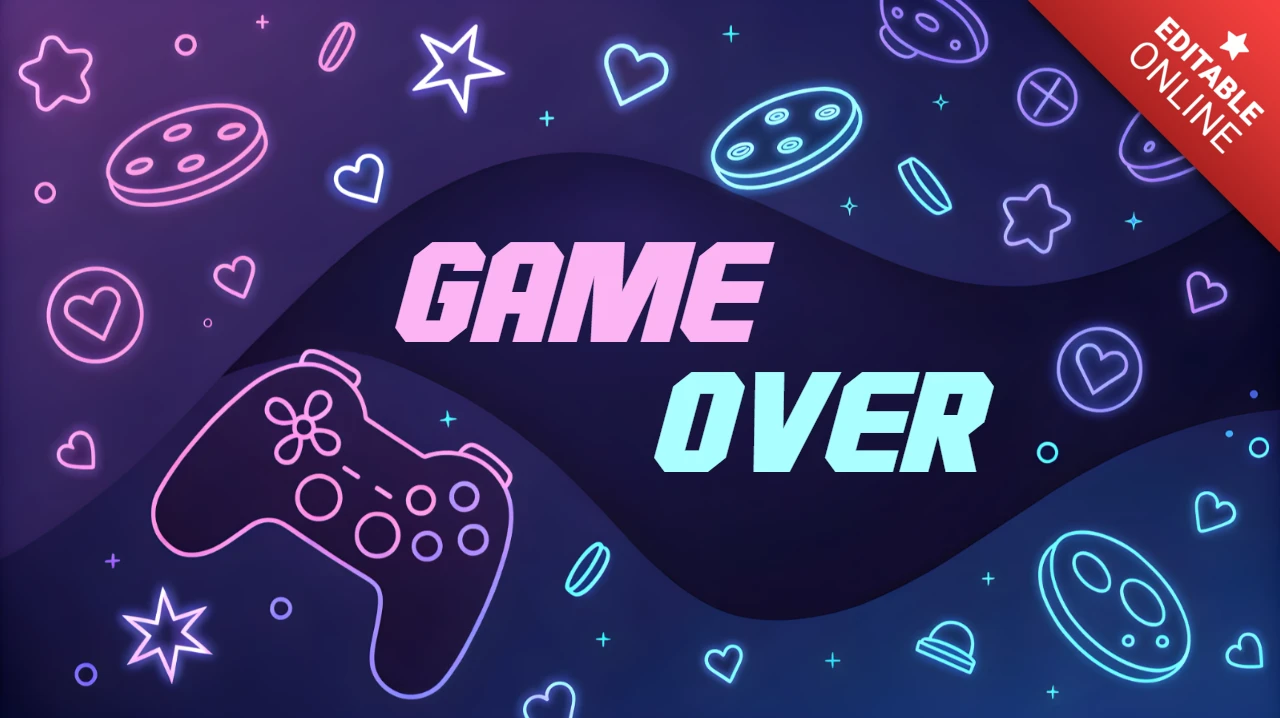 Design del gioco neon game over con controller di gioco e icone divertenti