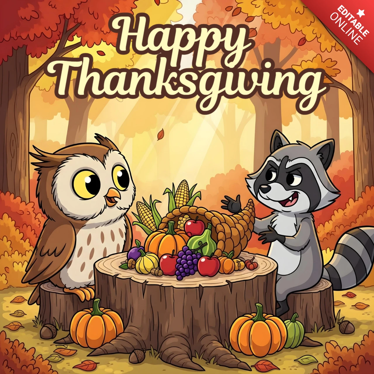 Gelukkige dankdag kaart uil & wasbeer delen oogstfeest in herfstbos banner ontwerpsjabloon