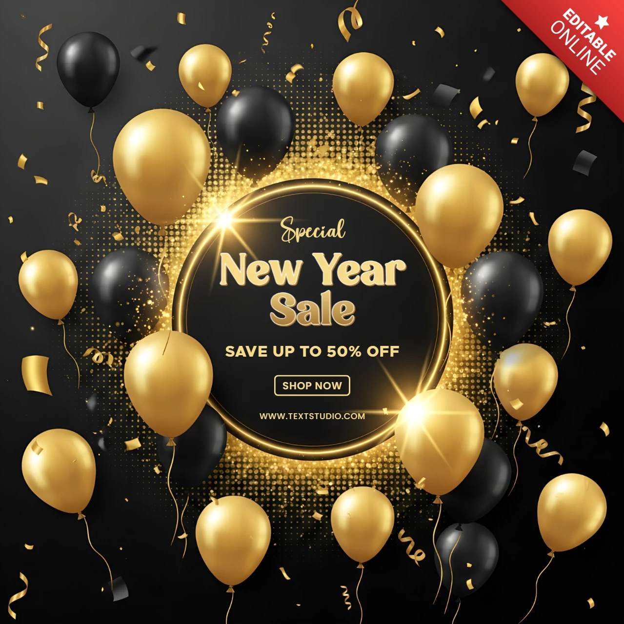 Neujahrsverkaufsdesignvorlage mit goldenen und schwarzen Luftballons für einen Werbeflyer